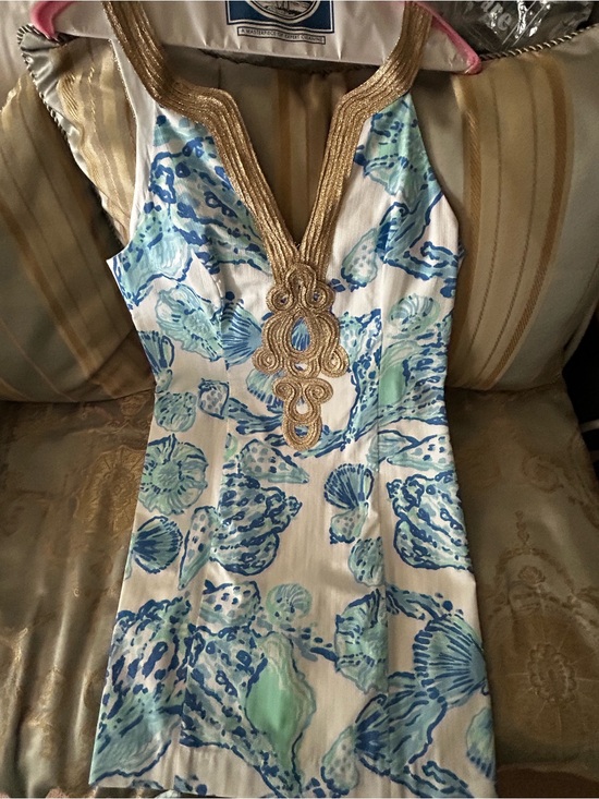 Lilly Pulitzer Dresses & Skirts - Lilly Pulitzer Blue, Aqua & White Shell-Print Mini Dress with Gold Trim